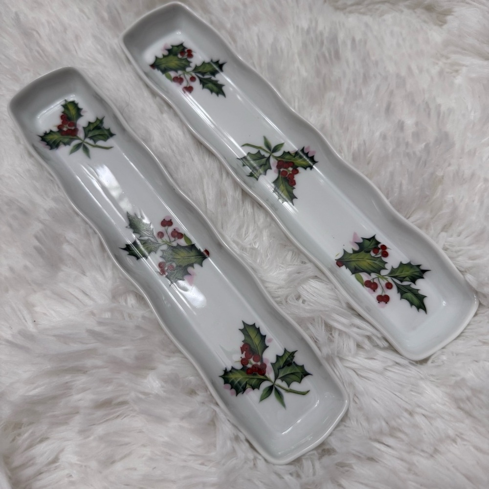 LeClair LEC Limoges France "Holly & Berry" Set of 2 pen tray.